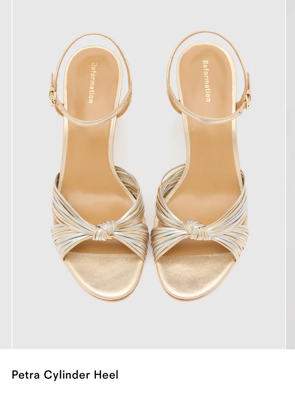 Reformation Gold Metallic Knotted Strap Cylinder Heel Sandal